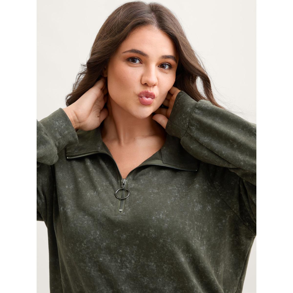 Plus Size Snow Wash Effect Half-Zipper Sweatshirt Women ArmyGreen Non Loose Stand-up collar Casual Sweatshirts BloomChic 10/M Product Image