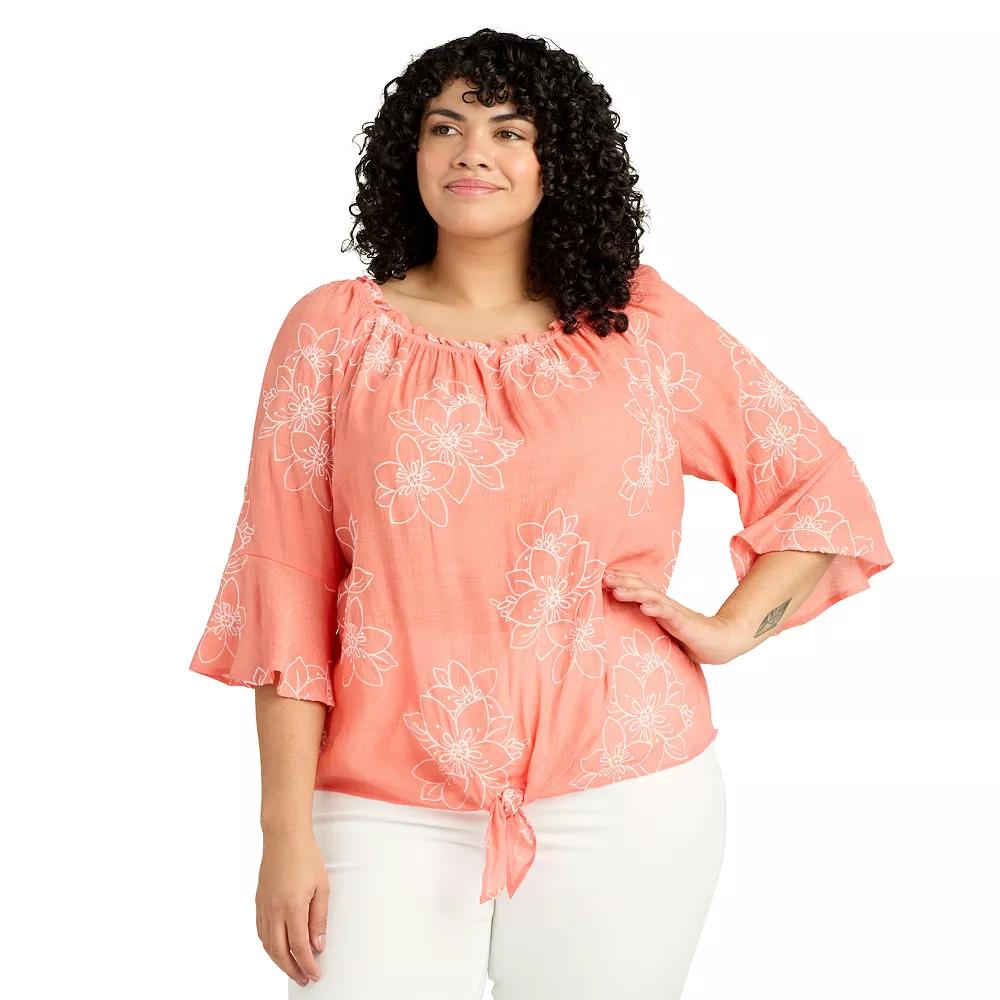 Plus Size AB Studio Off-The-Shoulder Bell Sleeve Top, Womens Guava White Floral Product Image
