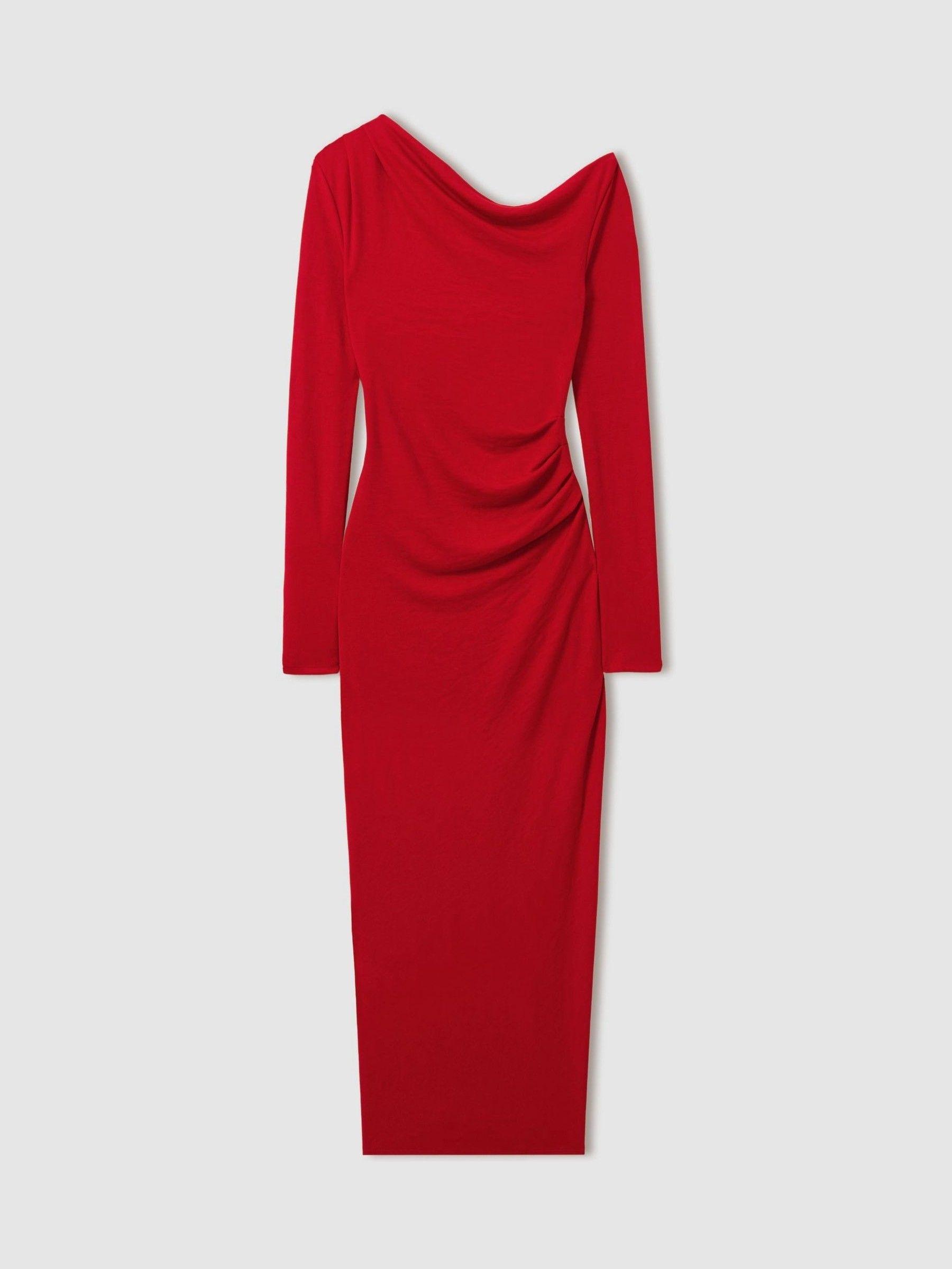 Off-The-Shoulder Jersey Midi Dress in Red Product Image