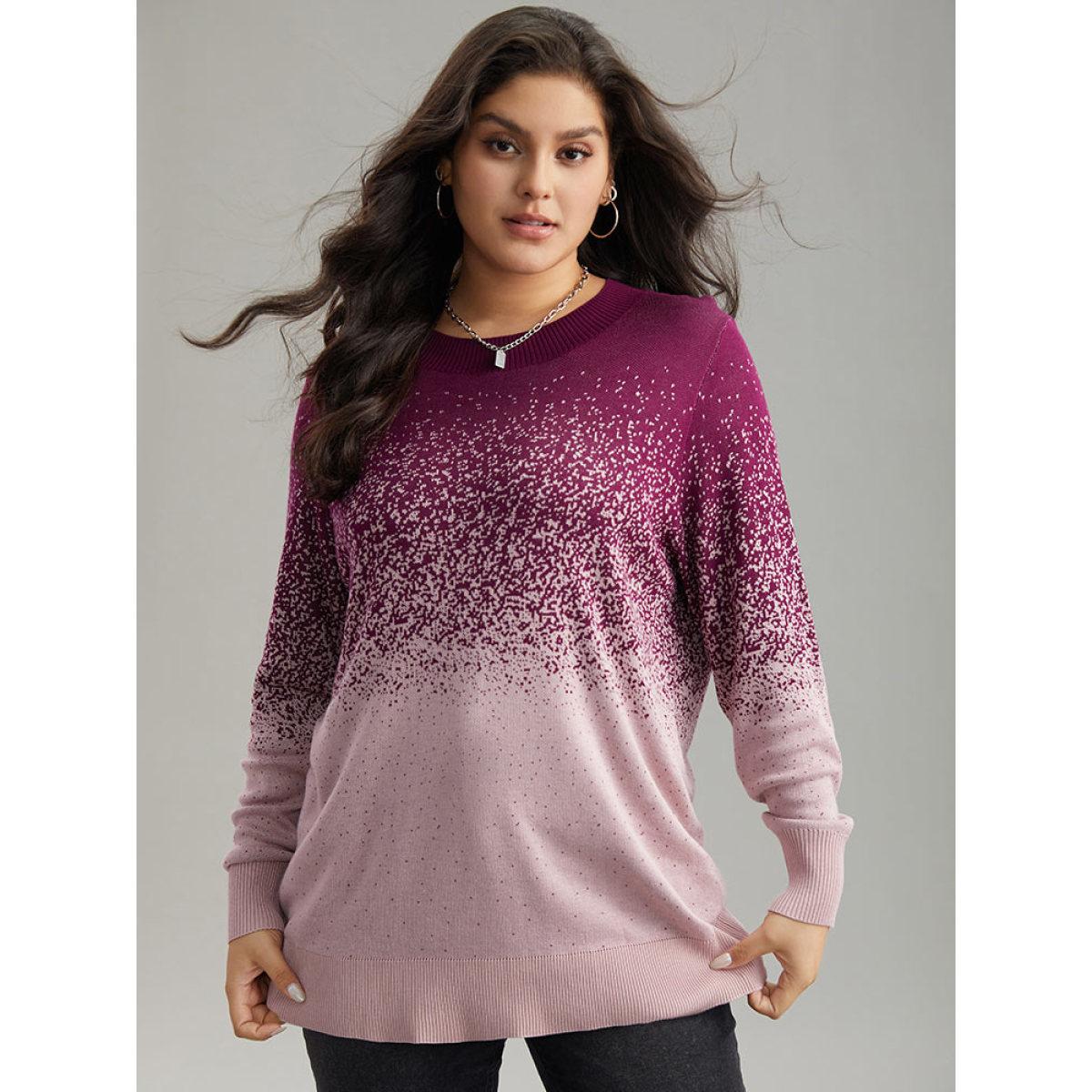Plus Size Supersoft Essentials Ombre Elastic Cuffs Pullover Purple Women Casual Loose Long Sleeve Round Neck Dailywear Pullovers BloomChic 12/L Product Image