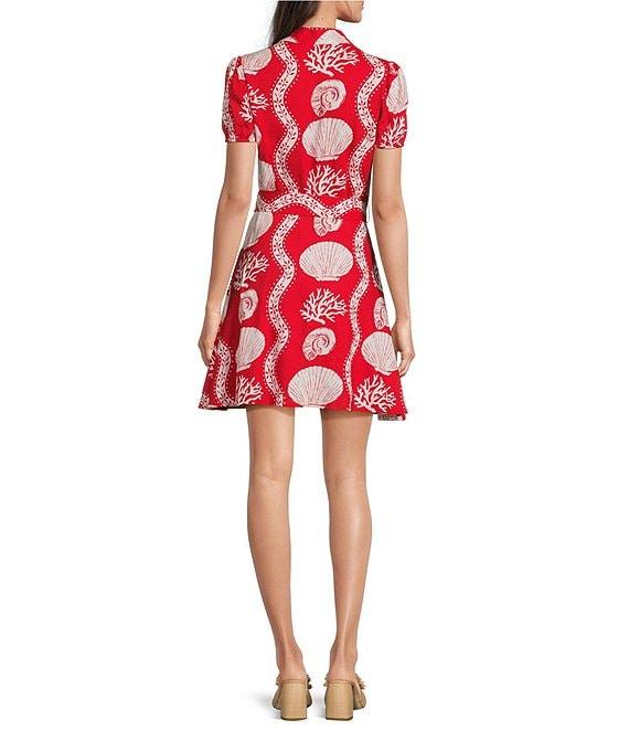 SAIL to SABLE Sea Stripe Print Mandarin Collar Short Puff Sleeve Belted Shirt Dress Product Image