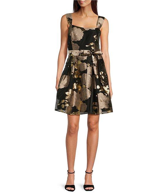 Alex Marie Louise Metallic Floral Jacquard Sweetheart Tank Strap A-Line At the Knee Dress Product Image
