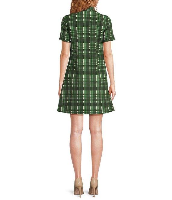 Tara Jarmon Rubina Plaid Print Point Collar Quarter Zip Short Sleeve A-Line Dress Product Image