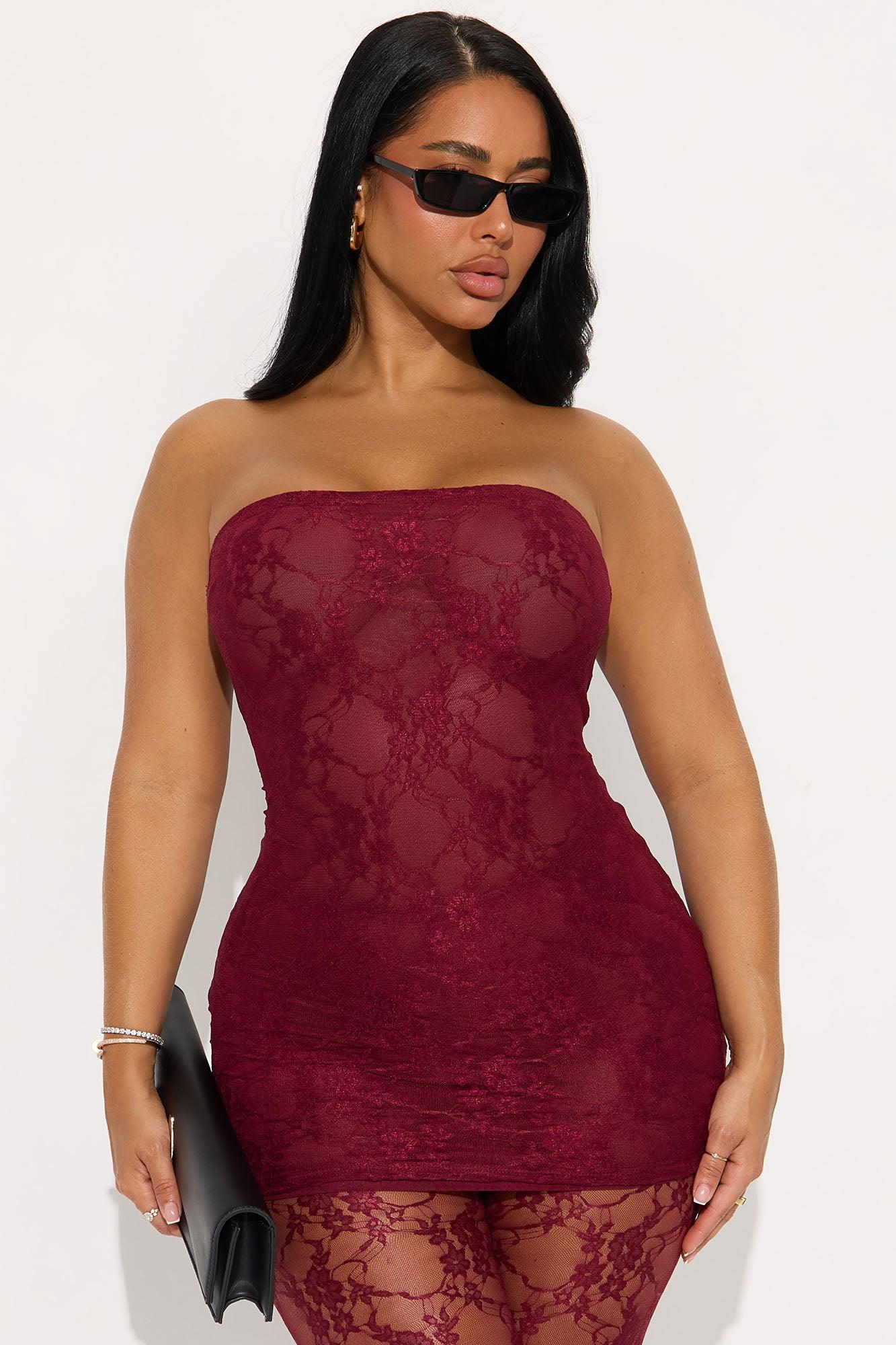 So Lovely Lace Micro Mini Dress Set - Burgundy Product Image