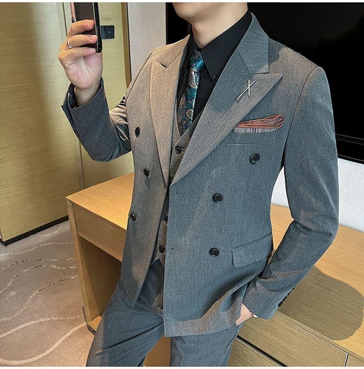 Set: Peak Lapel Plain Double-Breasted Blazer + V-Neck Single-Breasted Vest + High Waist Straight Leg Dress Pants Product Image