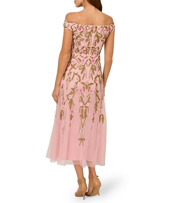 Adrianna Papell Off-The-Shoulder Floral Beaded Mesh A-Line Midi Dress Product Image