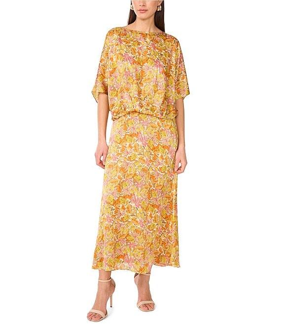 Vince Camuto Satin Floral Pull-On Midi Skirt Product Image