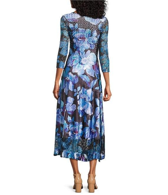 Komarov V-neck 3/4 Sleeve Floral Printed Charmeuse Satin Lace Inset A-Line Midi Dress Product Image