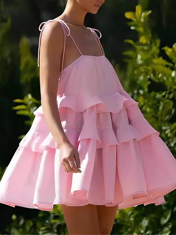 A-Line High Waisted Backless Layered Pleated Solid Color Spaghetti-Neck Mini Dresses Product Image