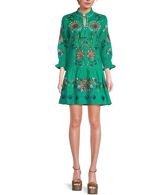tyler boe Niki Linen Split V-Neck Tassel Tie 3/4 Sleeve Embroidered Dress Product Image