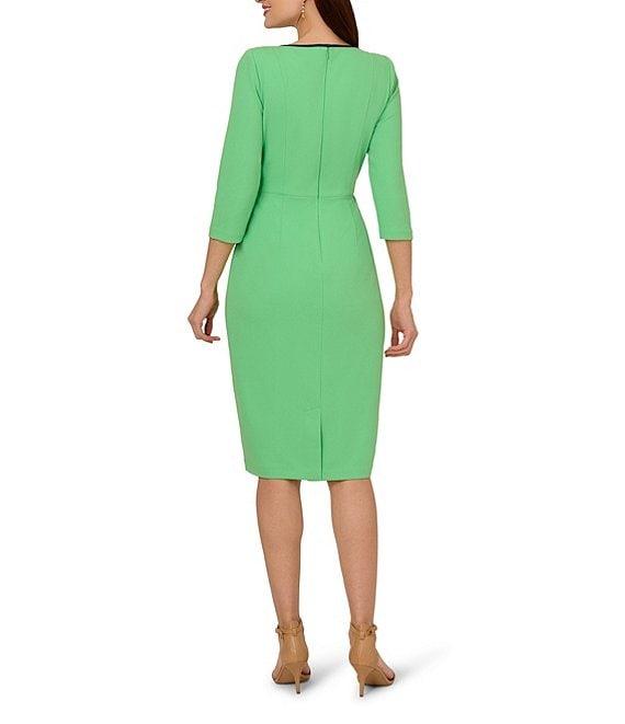 Adrianna Papell Petite Size Contrast Trim Boat Neck 3/4 Sleeve Tie Waist Crepe Dress Product Image