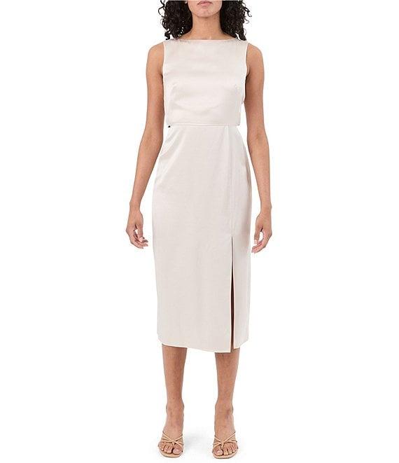Trina Turk Mochi Satin Boat Neck Sleeveless Sheath Midi Dress Product Image