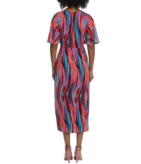 Maggy London Printed Surplice V-Neck Short Sleeve Faux Wrap Midi Dress Product Image