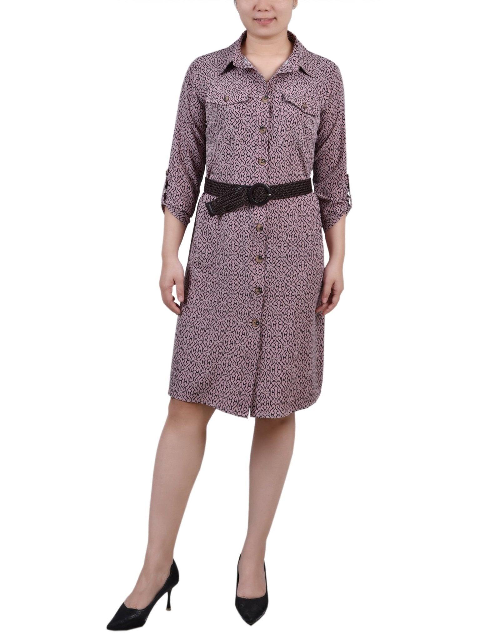 Lilas Black Swirl 3/4 Roll Tab Sleeve Shirtdress - Petite Product Image