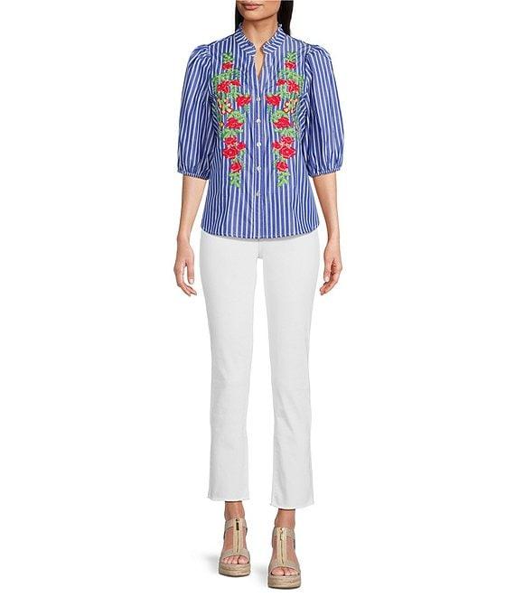 Calessa Petite Size Embroidered Stripe High Ruffle Split V-Neck Elbow Sleeve Button Front Tunic Product Image