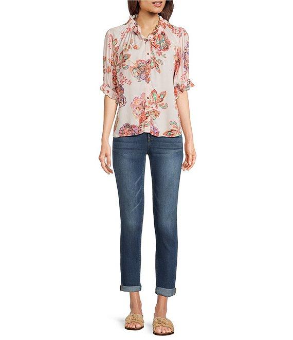 Democracy Woven Floral Paisley Split V-Neck Elbow Sleeve Button Front Top Product Image