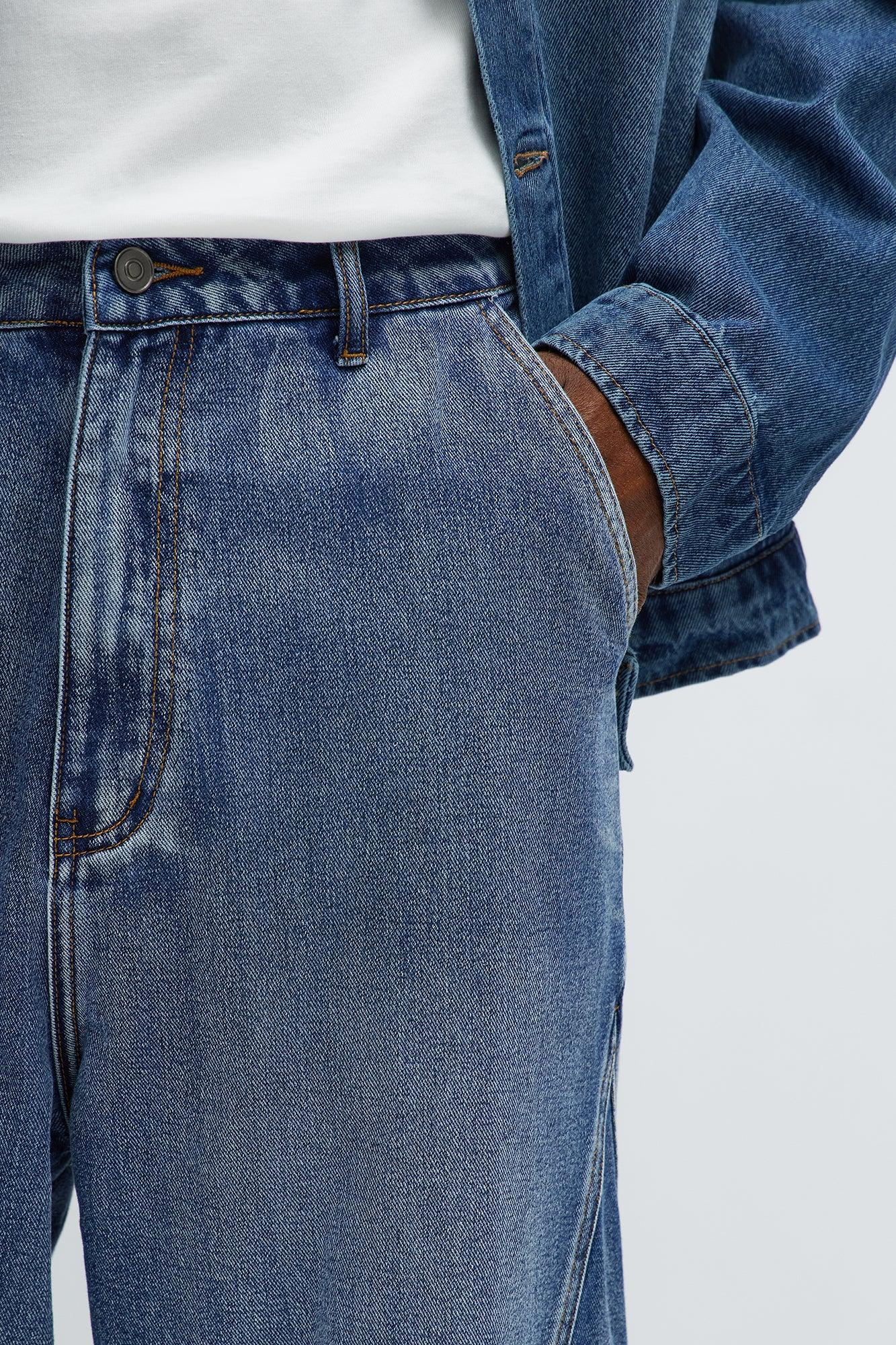 Baggy Faded Paneled Jeans - Medium Blue Wash Male Product Image