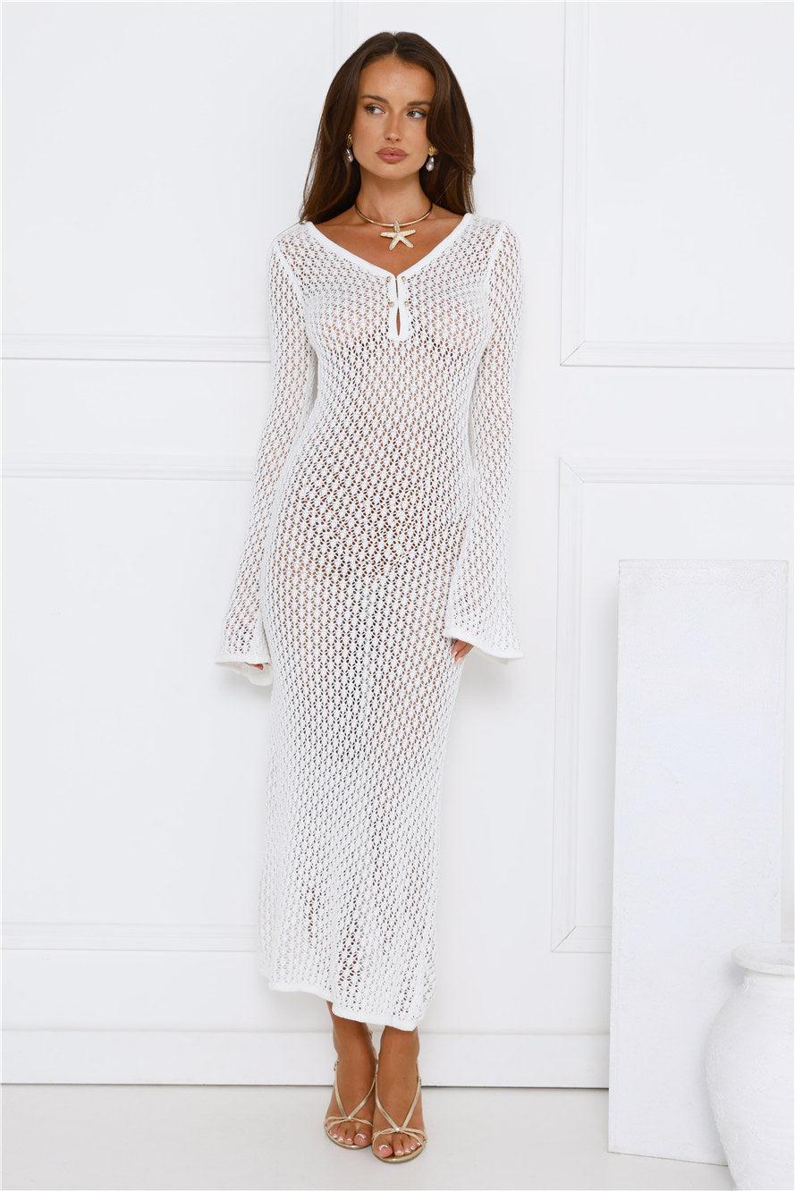 Sailing Into Sunset Knit Long Sleeve Maxi Dress White Product Image