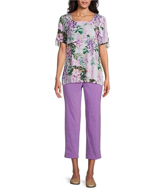 Allison Daley Embellished Floral Print Short Ruched Tie Sleeve Square Neck Knit Top Product Image
