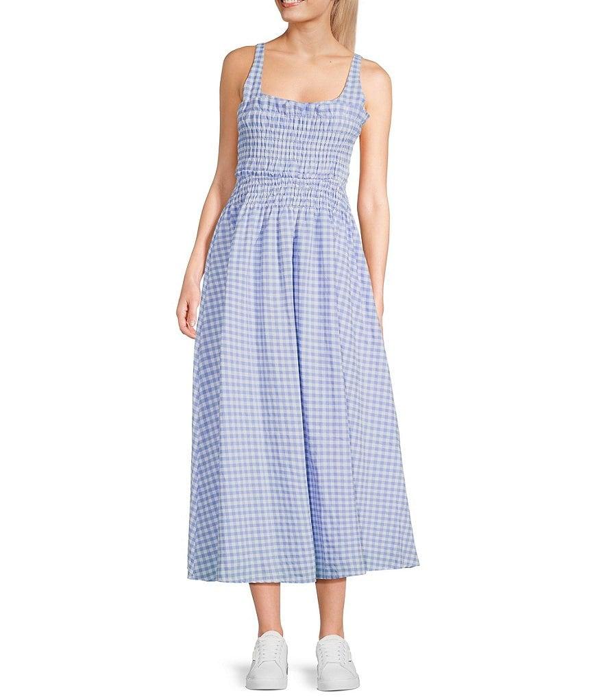 TCEC Gingham Square Neck Smocked Bodice Midi Dress Product Image
