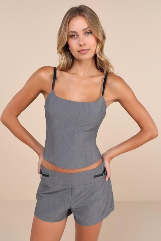 Sonnie Grey Buckle High-Rise Shorts Product Image