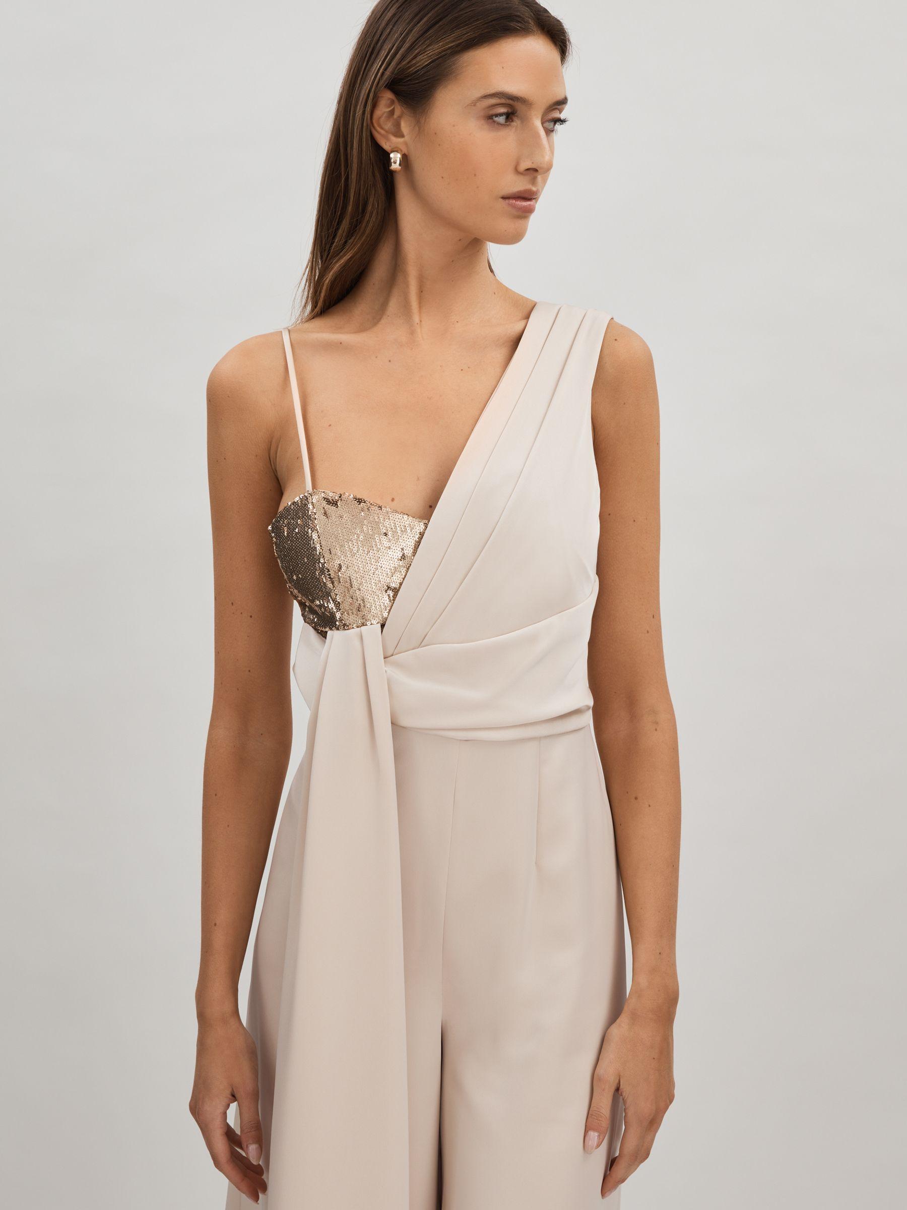 Halston Satin Sequin Wide Leg Jumpsuit in Champagne Product Image