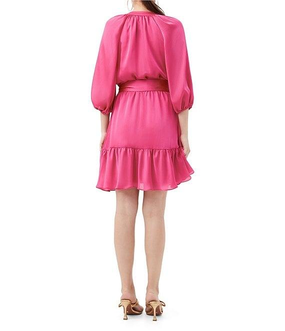 Trina Turk Asuma Crinkle Georgette V-Neck 3/4 Sleeve Tie Waist Dress Product Image