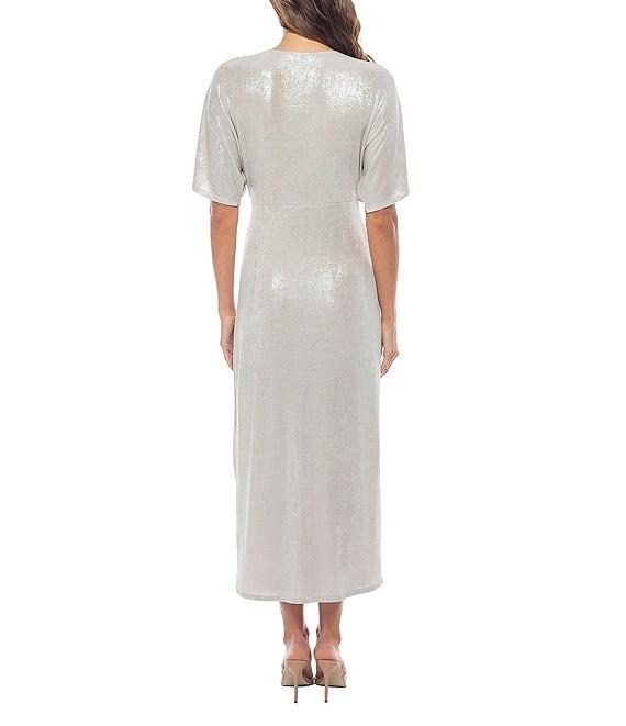 Marina Short Sleeve Ribbed Knot Long Foil Midi Dress Product Image