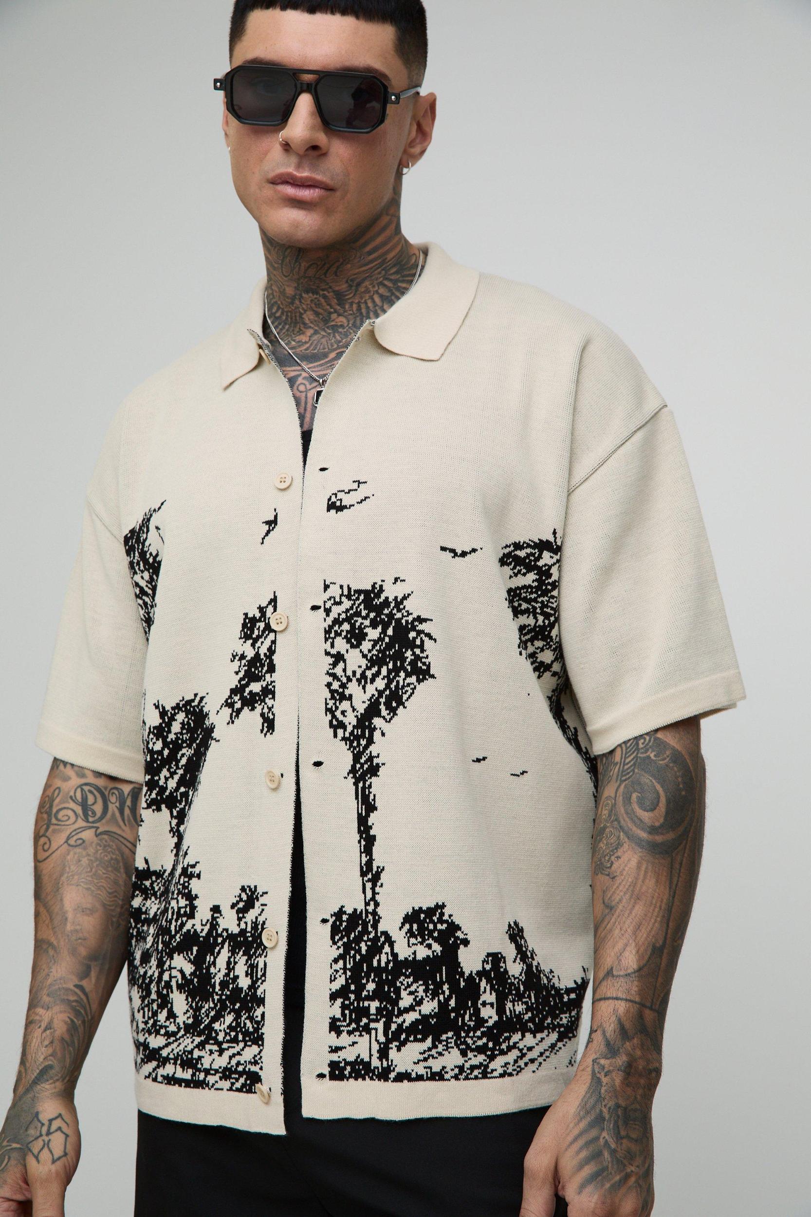 Tall Relaxed Palm Print Jacquard Knitted Shirt | boohooMAN USA Product Image