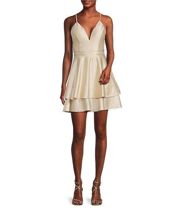 V-Neck Double Hem Fit & Flare Glitter Dress Product Image