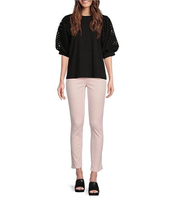 Gibson & Latimer Knit Contrast Eyelet Crew Neck Short 3/4 Balloon Sleeve Top Product Image