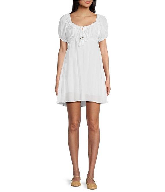 Angie Scoop Neck Short Sleeve Tie Front Empire Waist Dress Product Image