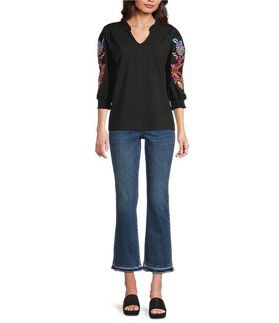 Calessa Embroidered Split V-Neck Balloon Sleeve Tunic Product Image