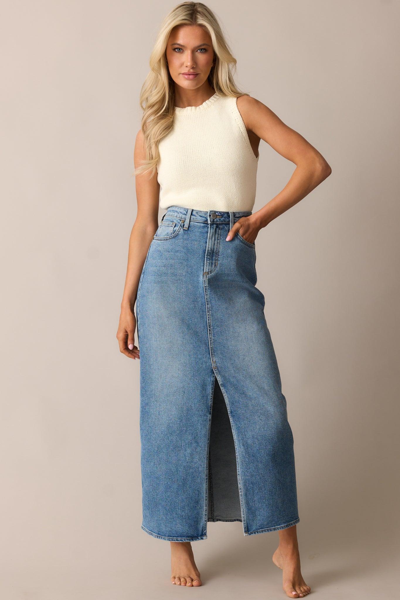 Days Of Dreaming Medium Wash Denim Midi Skirt Product Image
