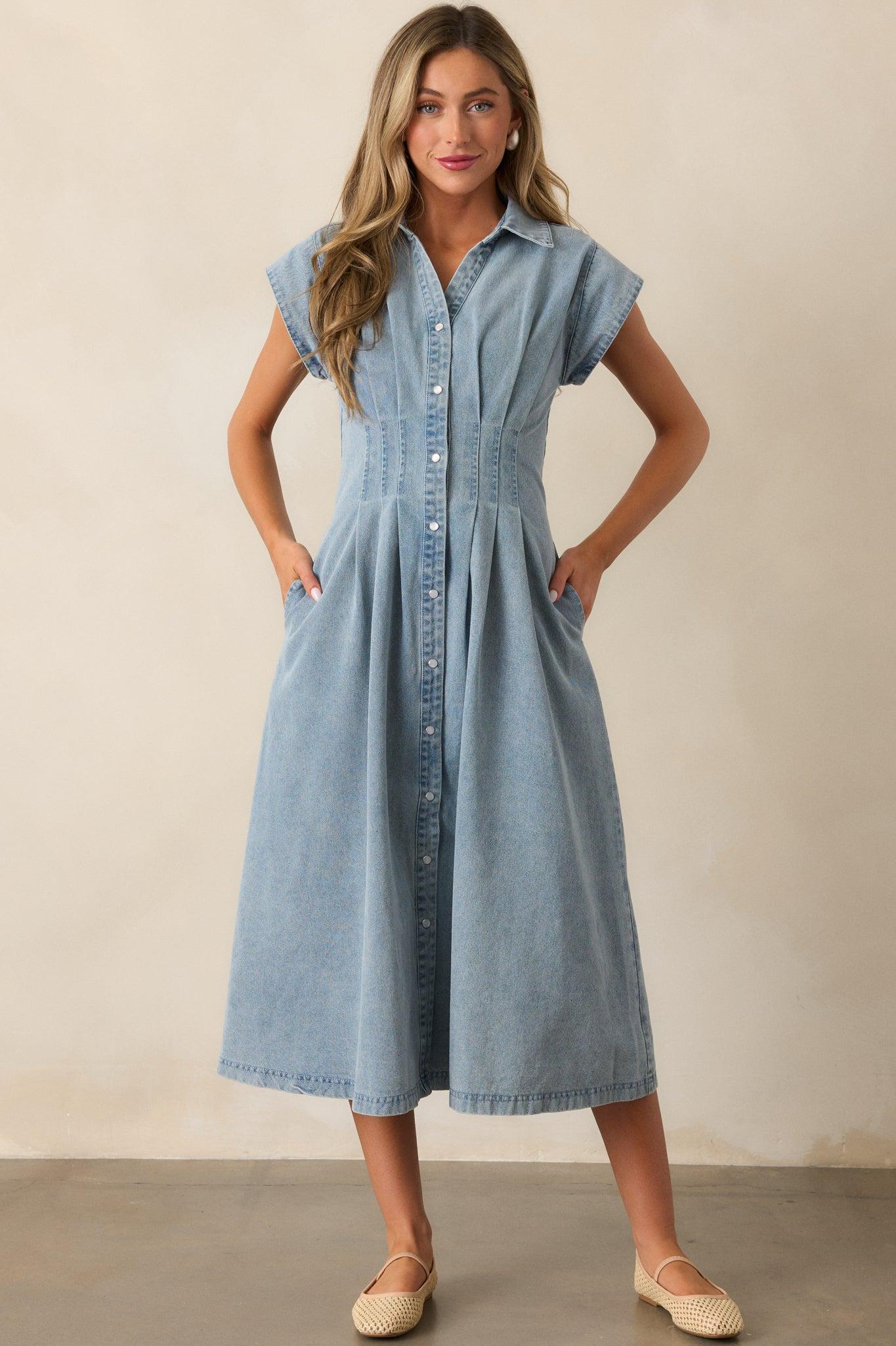 Classic Tea Party Light Wash Denim Button Front Pleated Midi Dress Product Image