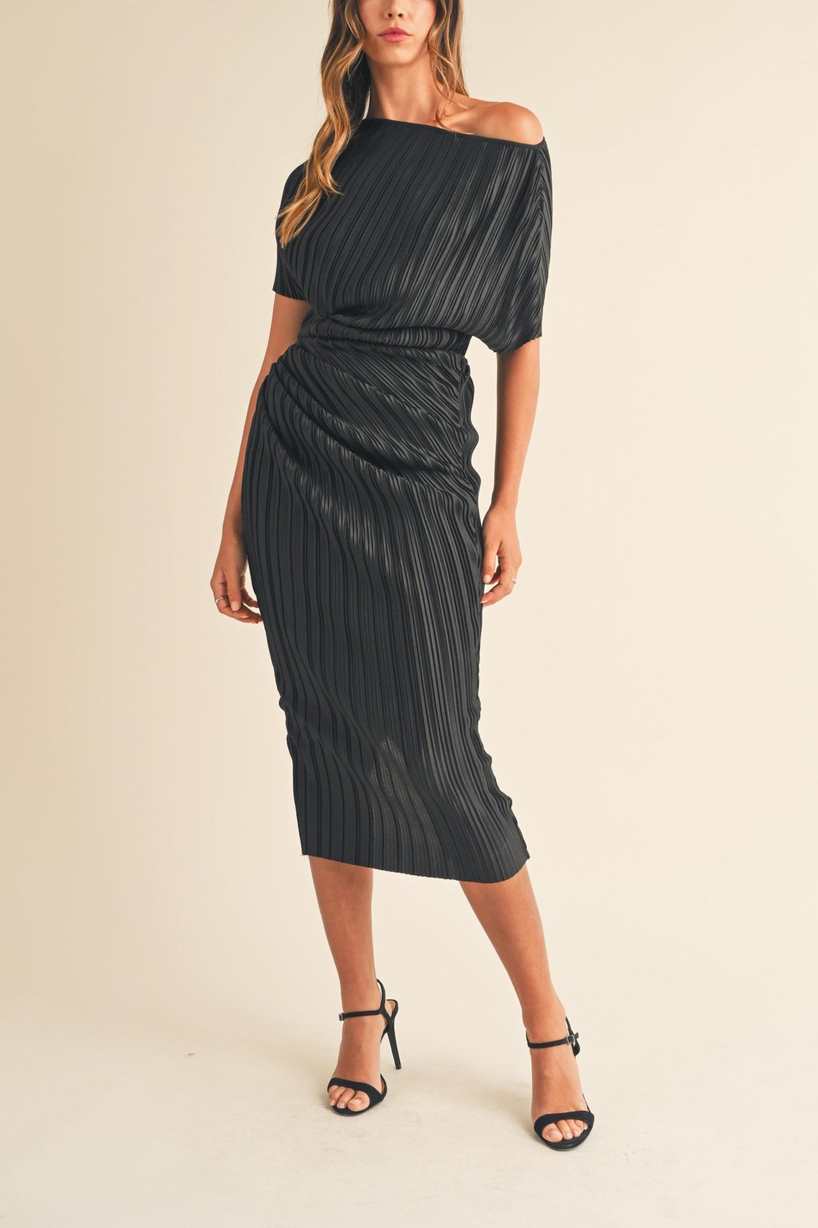 One Shoulder Pleated Midi Dress Product Image