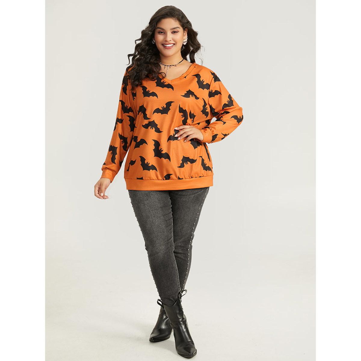 Plus Size Halloween Bat Print V Neck Sweatshirt Women OrangeRed Casual Elastic cuffs V-neck Festival-Halloween Sweatshirts BloomChic 10/M Product Image