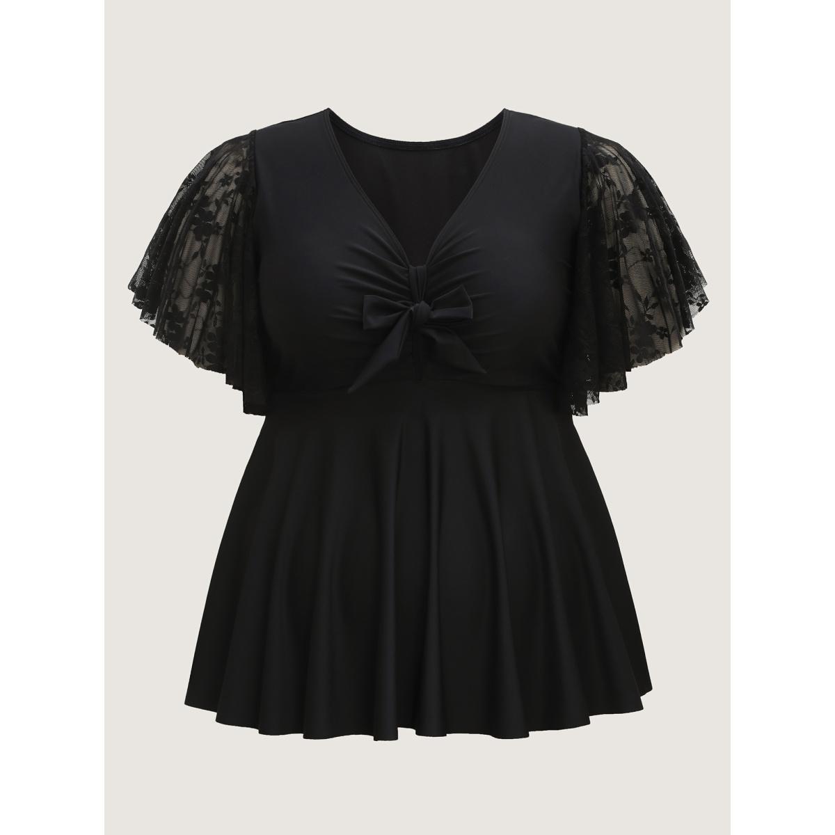 Plus Size Knotted Lace Sheer Sleeve Swim Top Women's Swimwear Black Resort Tie knot High stretch Bodycon V-neck Curve Swim Tops BloomChic 22-24/3X Product Image