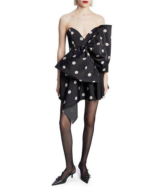 Bardot Brydie Dotted Print Strapless Sweetheart Neck Striking Bow Asymmetrical Hem Fit & Flare Mini Dress Product Image