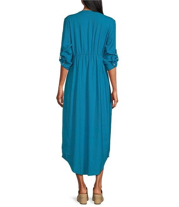Westbound 3/4 Rolled Sleeve Y-Neck Button Front Maxi Shirt Dress Product Image