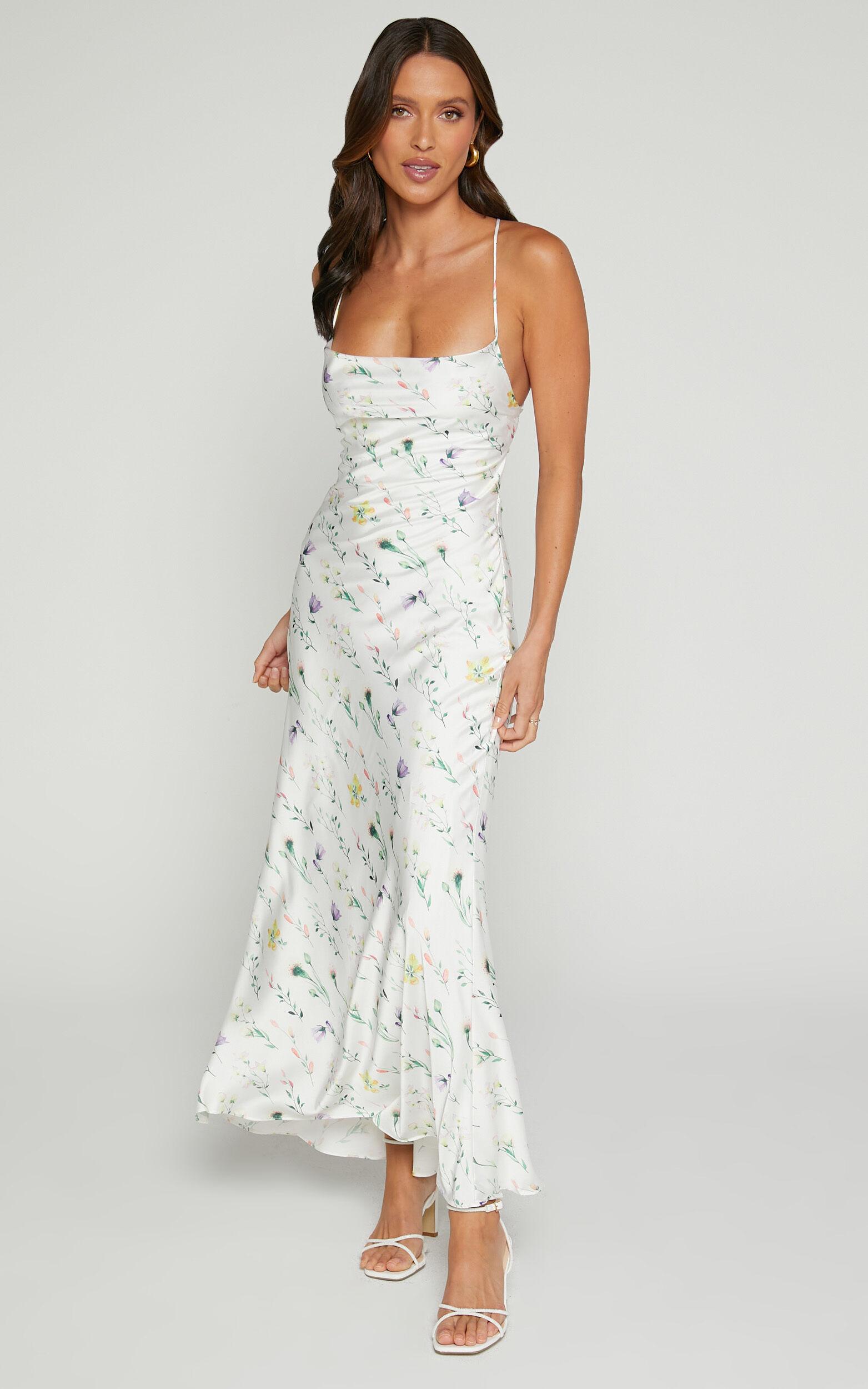 Shierina Midi Linen Blend Dress - Sweetheart Neck Line Sleeveless Dress in White Floral Product Image