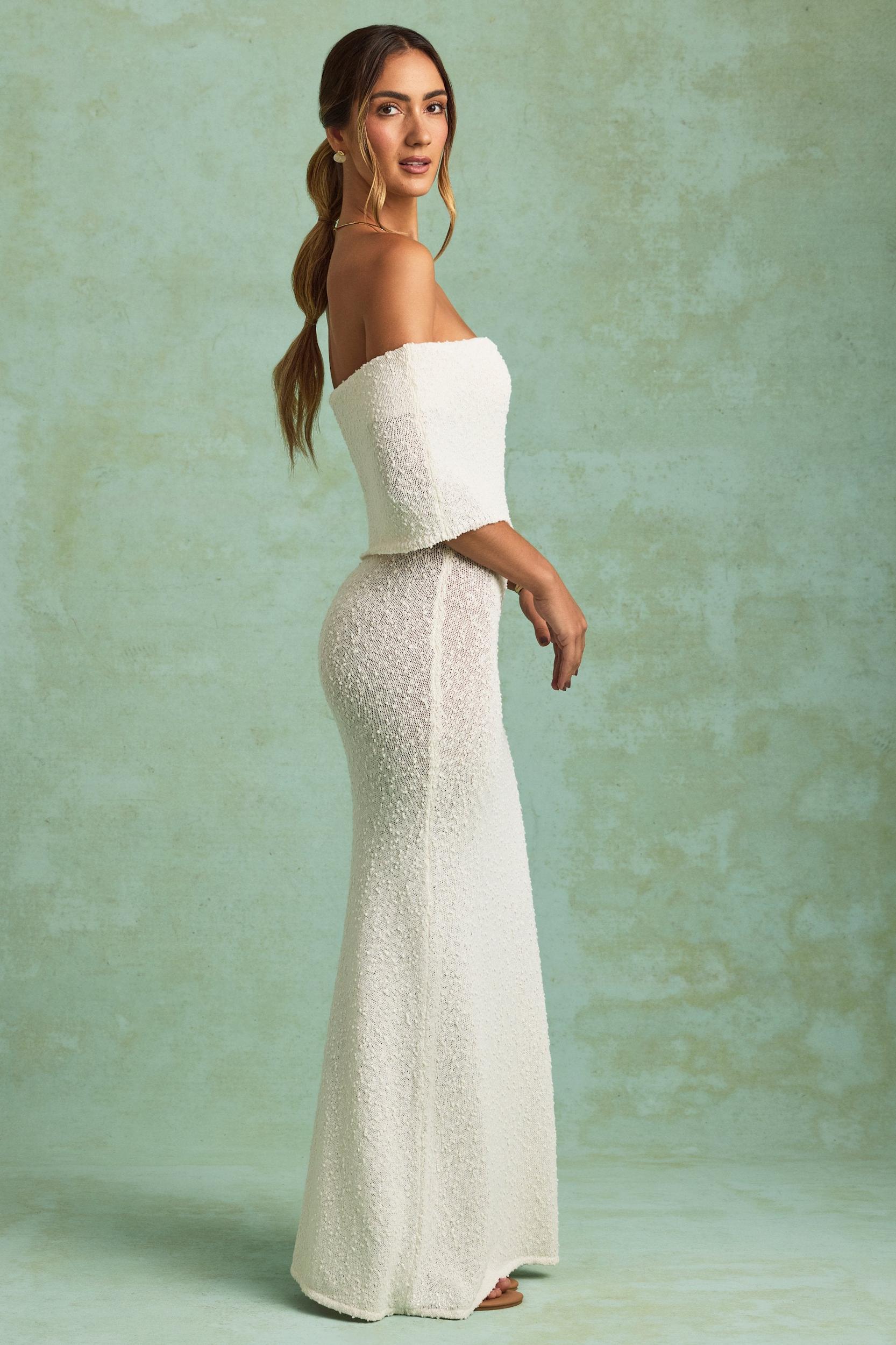 Bouclé Off-Shoulder Maxi Dress in White Girls Product Image
