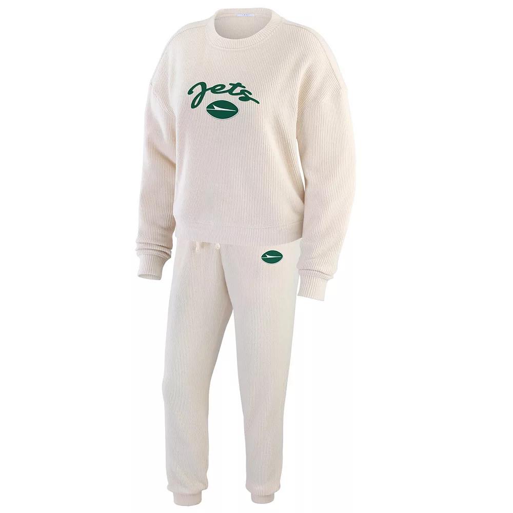 Women's WEAR by Erin Andrews  Oatmeal New York Jets Rib-Knit Long Sleeve T-Shirt & Pants Lounge Set, Size: 2XL, Team Product Image
