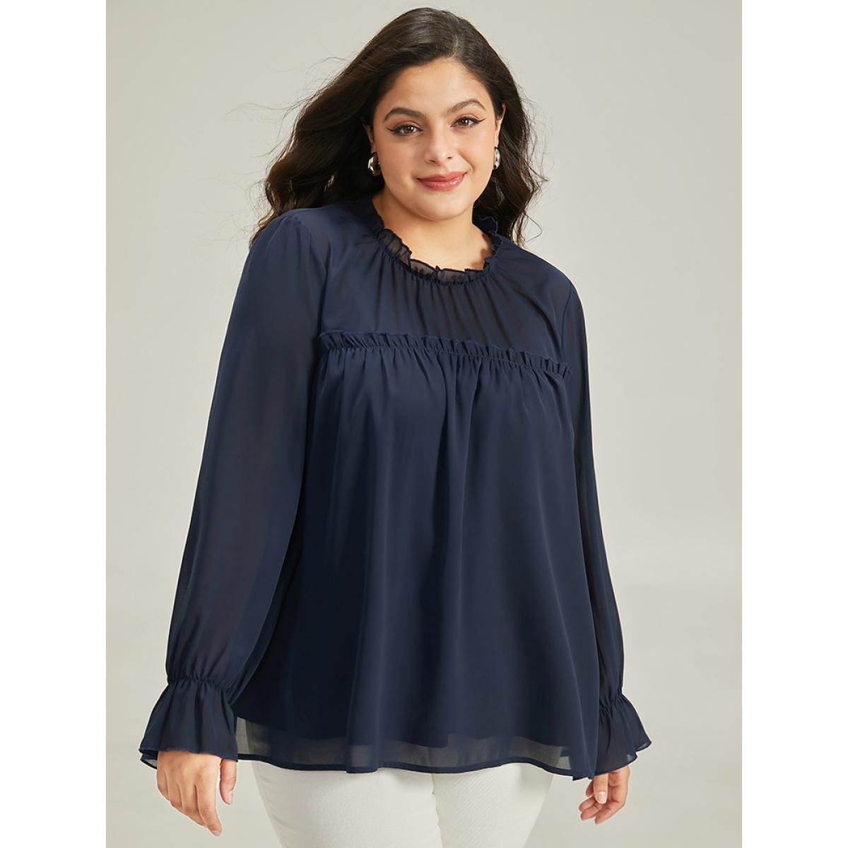 Plus Size Indigo Anti-Wrinkle Frill Trim Lantern Sleeve Blouse Women Office Long Sleeve Round Neck Work Blouses BloomChic 10/M Product Image