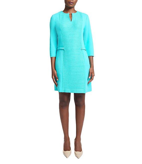 Ming Wang Contrast Panel Soft Knit Split Round Neck 3/4 Sleeve Sheath Dress Product Image