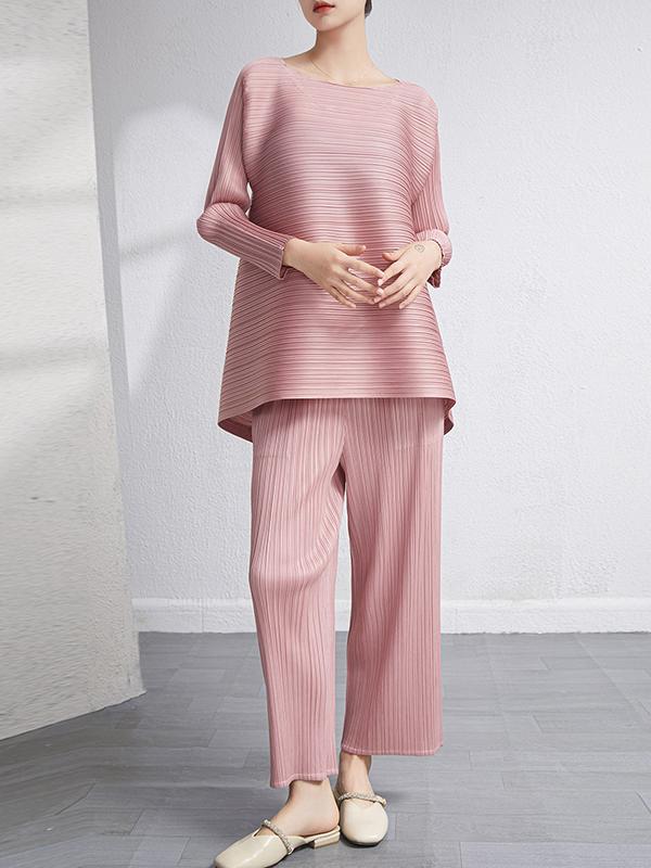 Loose Pleated Solid Color High-Low Round-Neck T-Shirts  + Pants Two Pieces Set Product Image