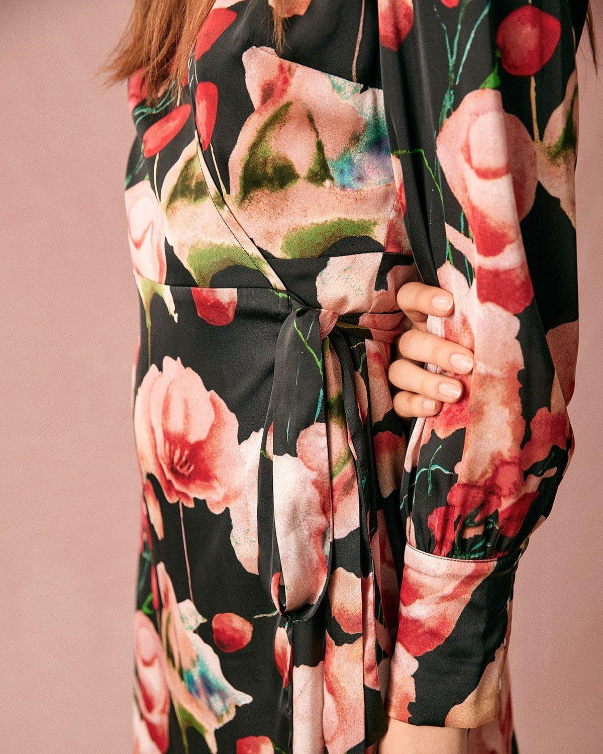 The V Neck Long Sleeve Floral Wrap Mini Dress Product Image