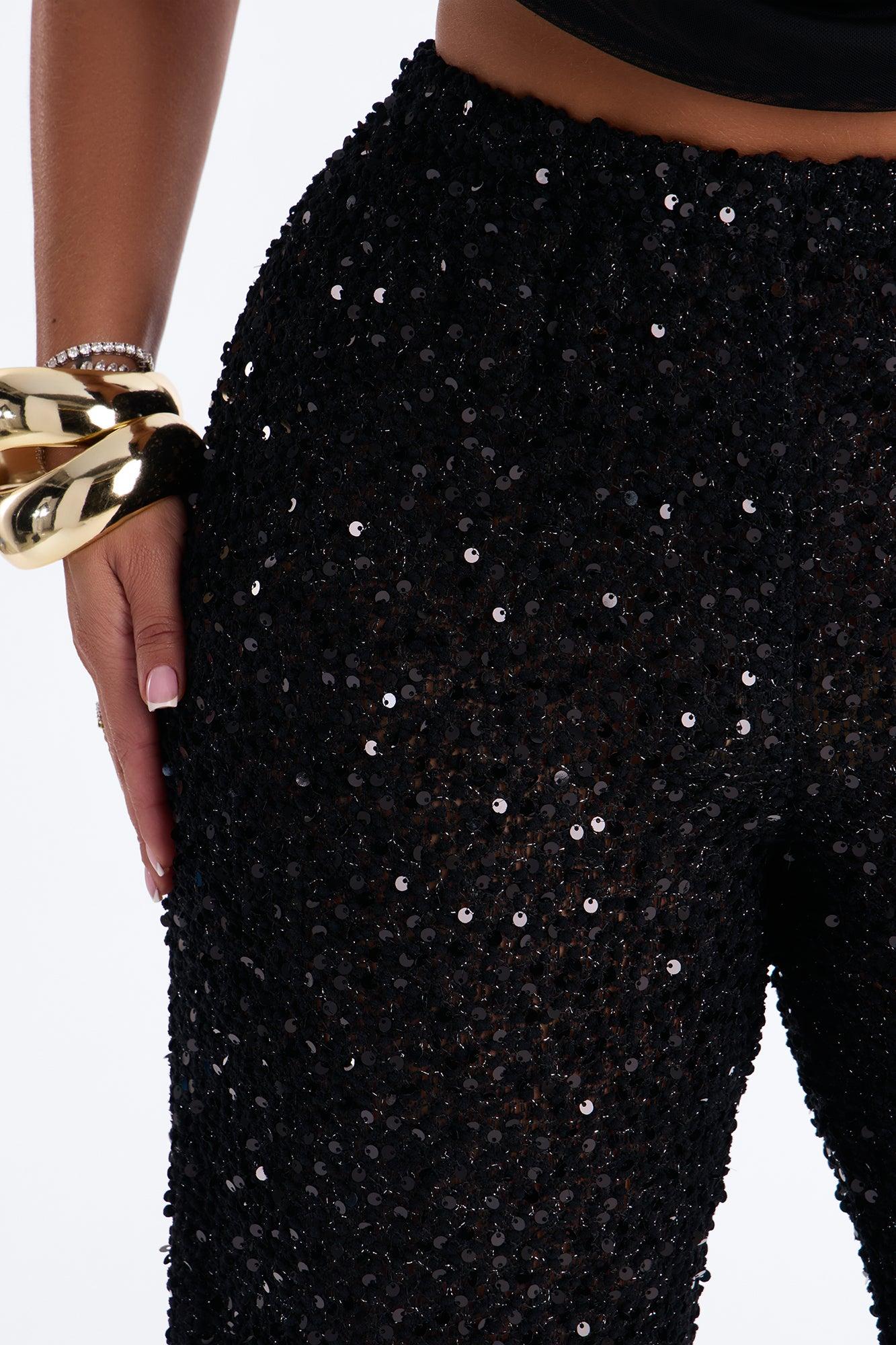 Azalea Low Rise Sequin Crochet Wide Leg Pant 33″ - Black Female Product Image