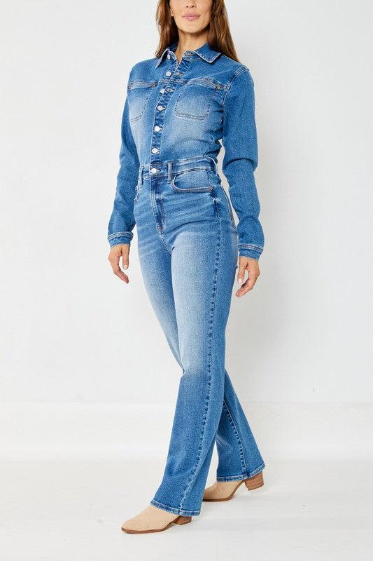 88719   Calista Hi-Rise Long Sleeve Slim Straight Leg Jumpsuit by Judy Blue Jeans Product Image