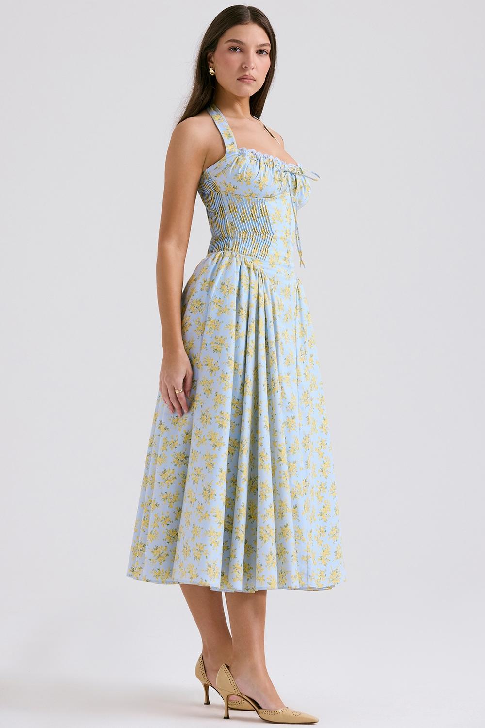 Adabella  soft blue vintage floral print cotton halter sundress Product Image